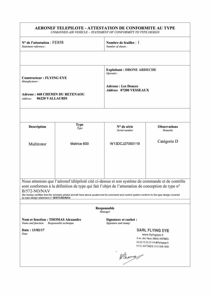 ATTESTATION DE CONFORMITE AU TYPE M600 Drone Ardèche