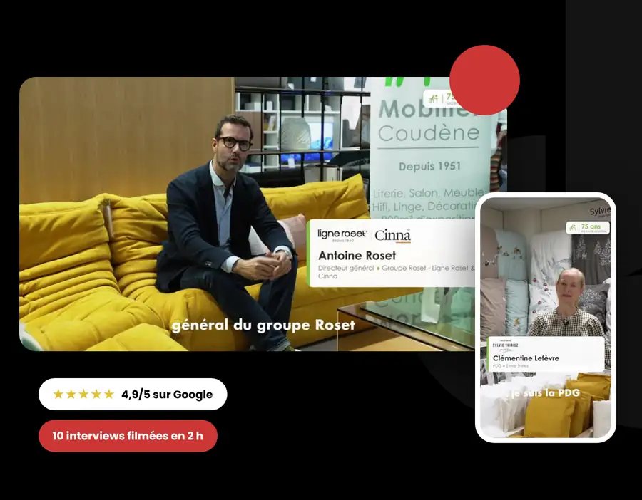 Interview vidéo d'entreprise : témoignage d'Antoine Roset (Ligne Roset) en 16:9 et en story pour Mobilier Coudène